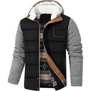 Mens Hooded Puffer Jacket Black Quilted Body with Contrast Knit Sleeves & Fleece